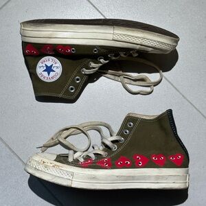 Comme des Garcons PLAY Beige and Green Sneakers with Red Heart